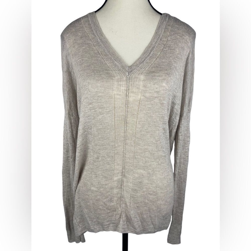 Vince Women’s Tan V-Neck Linen Blend Semi Sheer Pullover Sweater Size : S